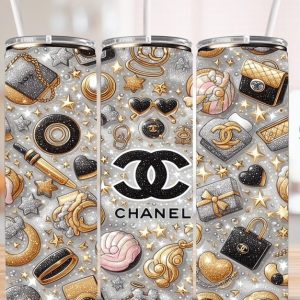 20oz skinny Chanel Accessory Inspired Tumbler w/ straw topper